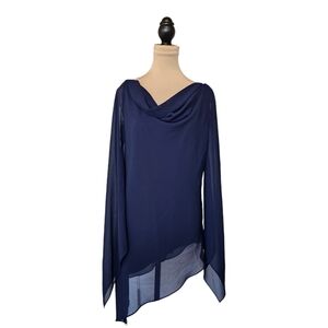 Cartise Navy Blue Flowy Asymetric Blouse With Statement Sleeves SZ 14